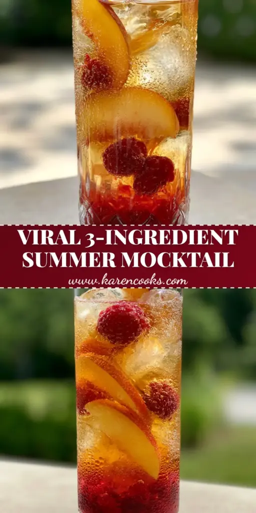 A tall crystal glass of Bellini peach raspberry iced tea with ruby muddled berries at the bottom, amber sparkling tea, and fresh peach slices on a stone coaster in a sun-drenched garden.