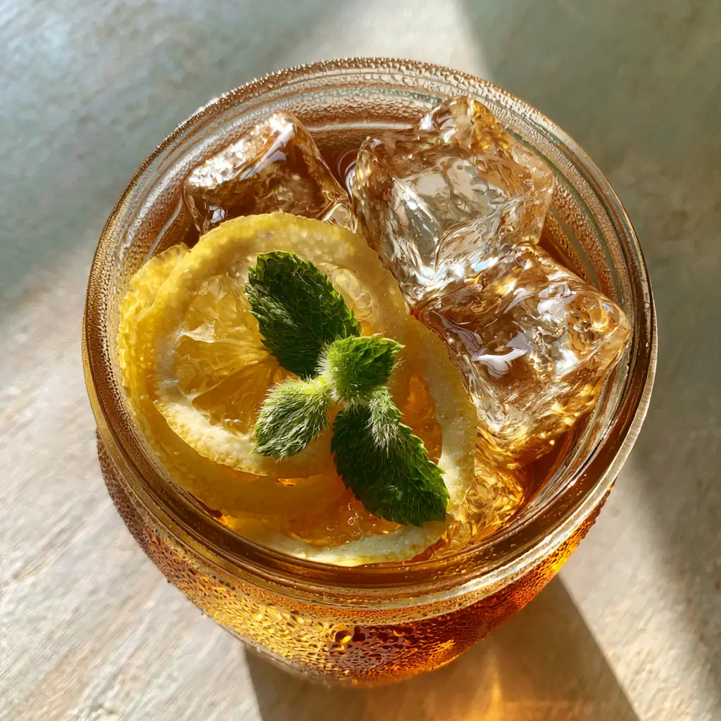 Close up of oversized clear ice cubes and lemon wheels inside cold-brew iced tea.