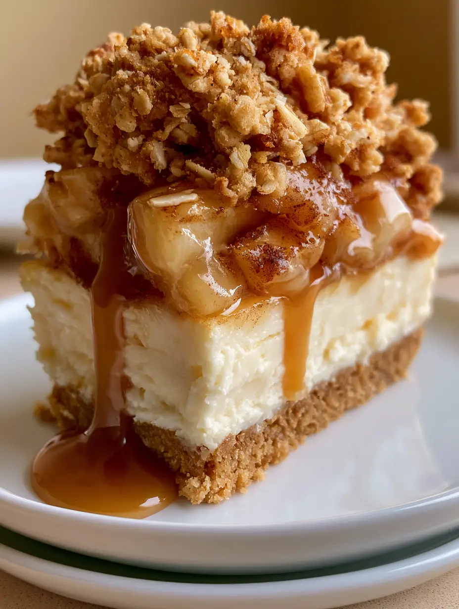 Close-up side view of a Salted Caramel Apple Pie Cheesecake slice showing distinct layers of cream cheese and spiced apples.