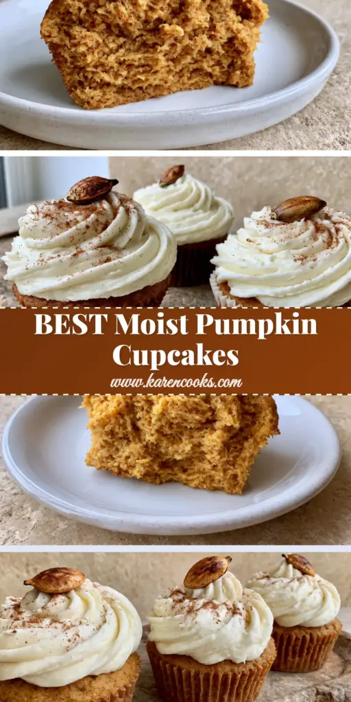 A tall gourmet pumpkin cupcake with a thick cream cheese frosting swirl, cinnamon dust, and a green pumpkin seed on a stone platter.