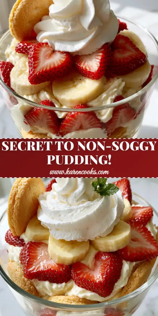A stunning glass trifle bowl filled with layered strawberry banana pudding, featuring heart-shaped strawberries and golden butter cookies.