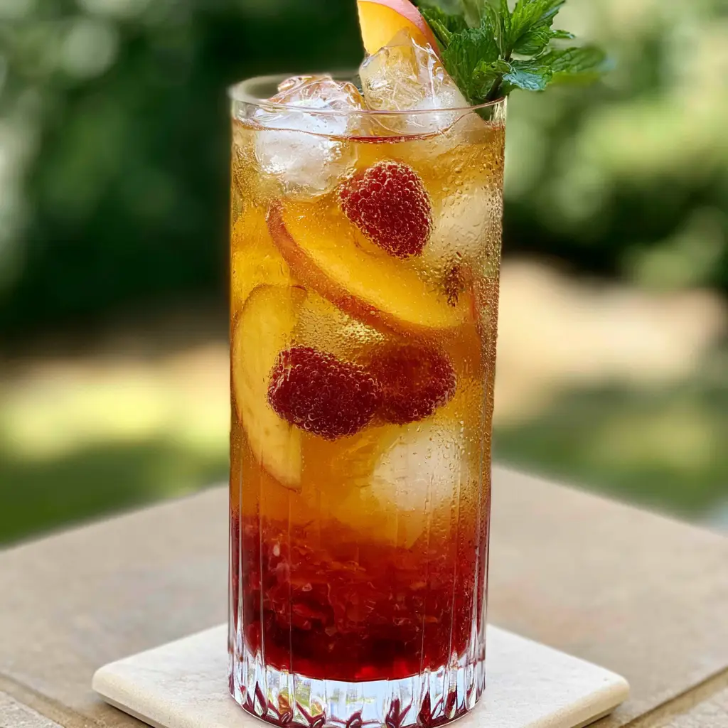 Visual details of carbonation bubbles and condensation on a glass of Bellini peach raspberry iced tea with mint garnish.