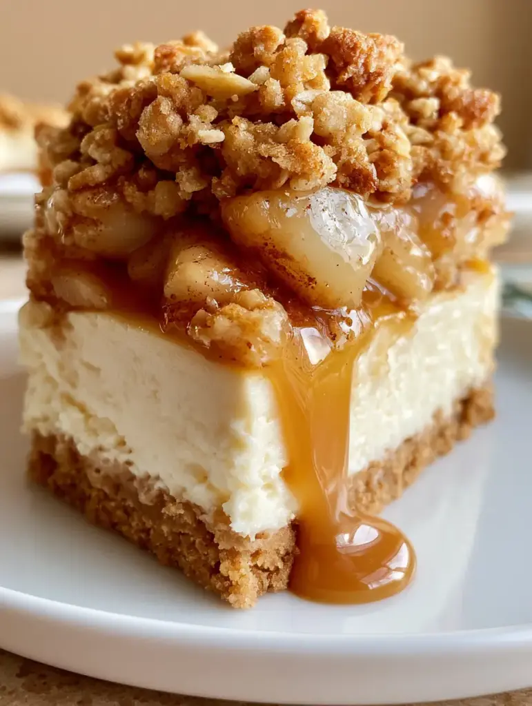 A high-angle shot of the golden-baked oatmeal streusel crumble on top of the Salted Caramel Apple Pie Cheesecake.