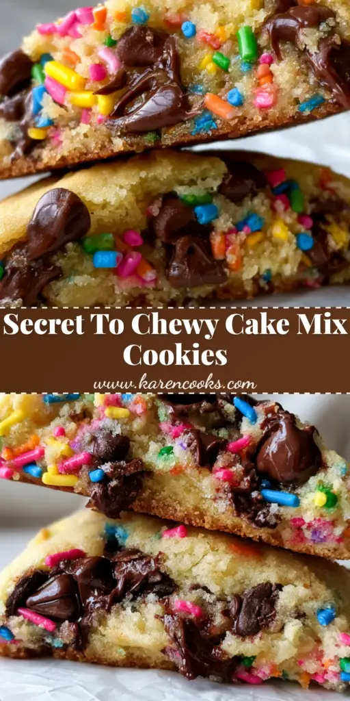 A stack of thick cake batter chocolate chip cookies with vibrant rainbow sprinkles and melted chocolate pools on white parchment paper. (cake batter chocolate chip cookies)