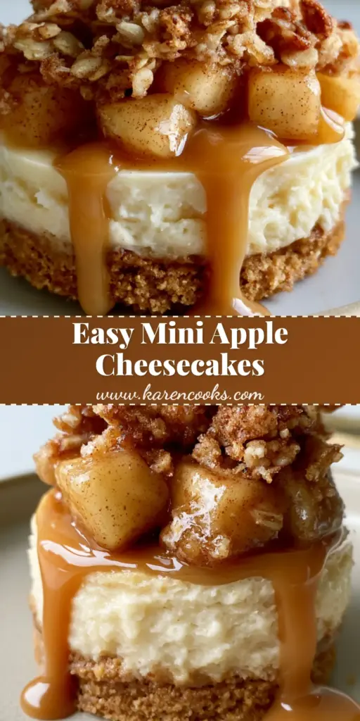 A close-up Pinterest-optimized view of Apple Crisp Mini Cheesecakes showing the golden graham cracker crust and thick caramel drizzle.