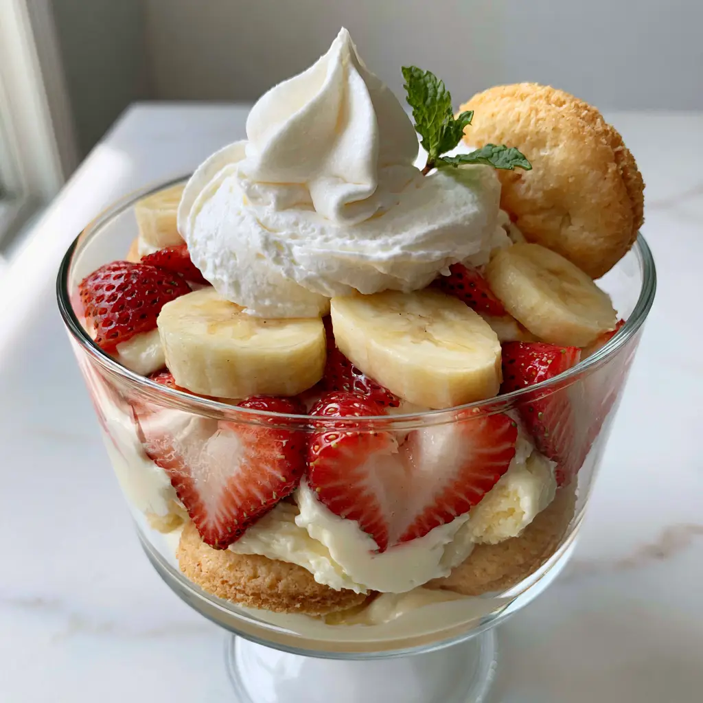 Close-up of the heart-shaped strawberry slices and stabilized whipped cream topping of the strawberry banana pudding.