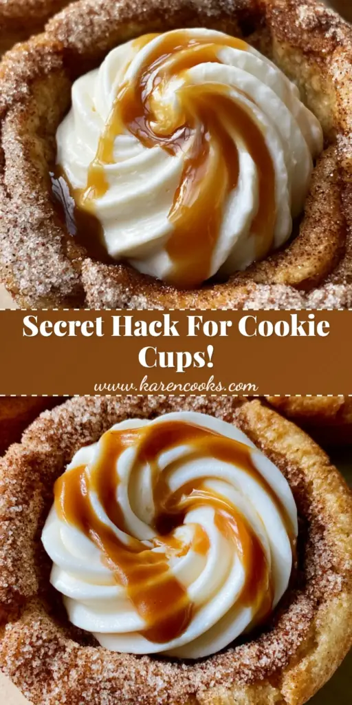 A close-up vertical shot of a snickerdoodle cookie cup with thick cream cheese frosting and amber caramel drizzle. (snickerdoodle cookie cups)