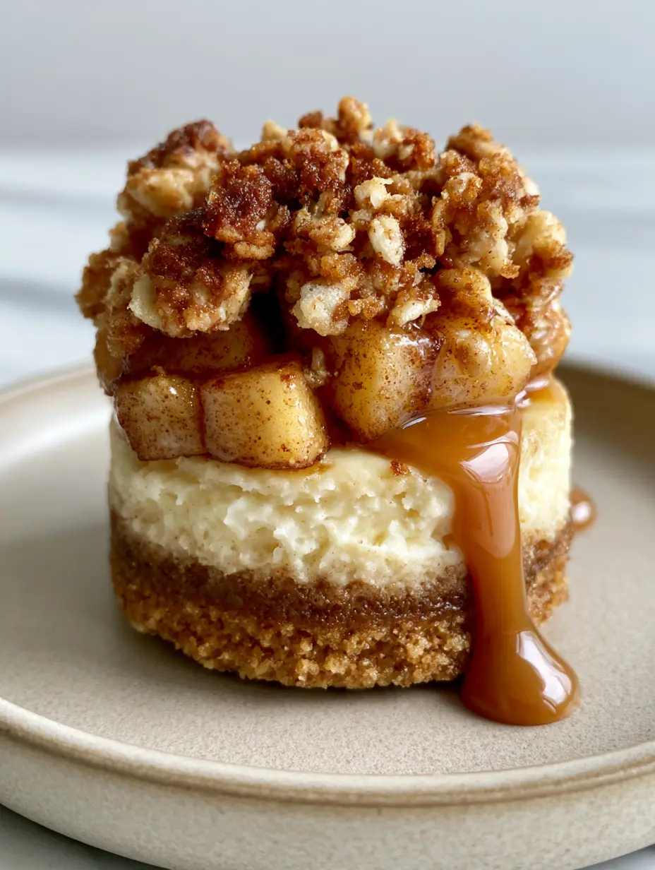 A smartphone photo of a single gourmet apple crisp mini cheesecake on a ceramic plate, featuring visible layers of spiced graham base and cinnamon apples. (Apple Crisp Mini Cheesecakes)