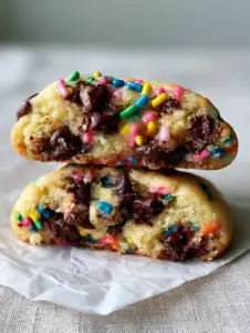 Handheld photo of a cake batter chocolate chip cookie broken in half to show a gooey, soft interior crumb. (cake batter chocolate chip cookies)