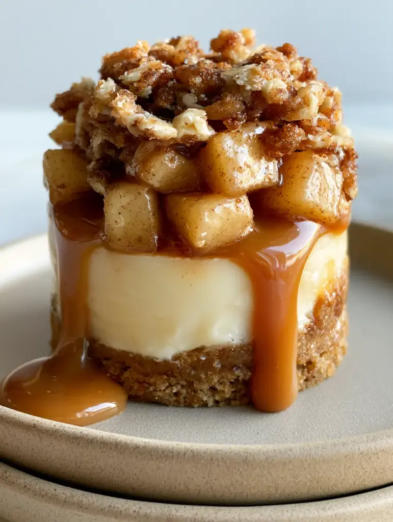 Detail shot of the toasted brown sugar oat crumble and amber caramel drizzle on Apple Crisp Mini Cheesecakes.