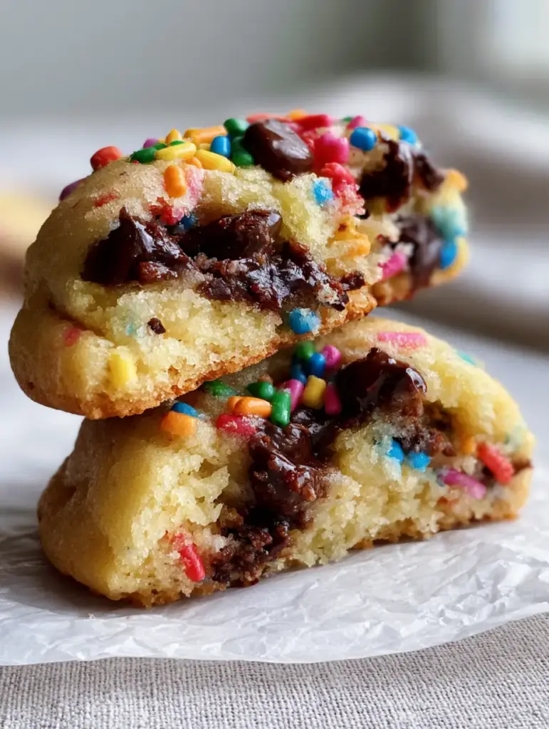 Close up of vibrant rainbow sprinkles and glossy melted chocolate chips in a golden-brown cookie. (cake batter chocolate chip cookies)