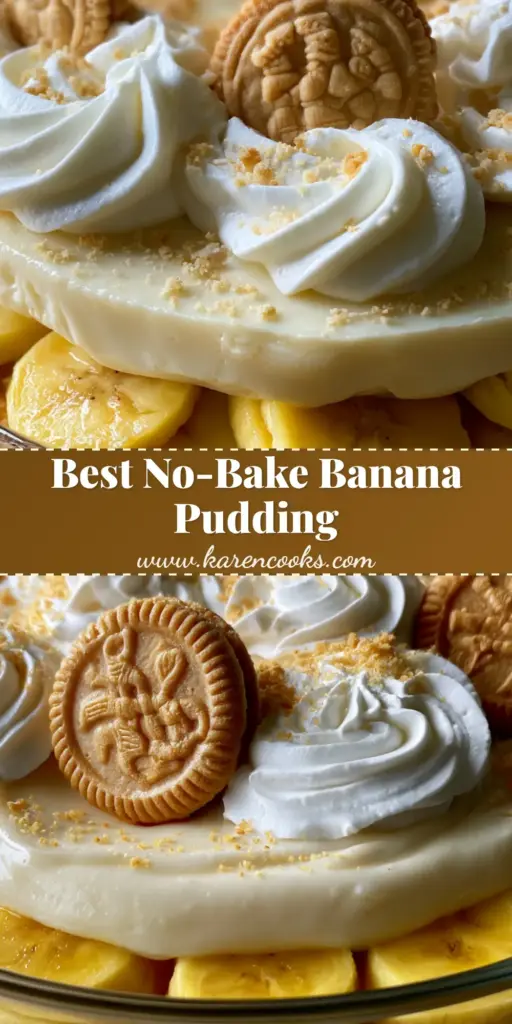 A premium layered easy banana pudding in a glass dish featuring golden Chessmen cookies and whipped cream swirls.