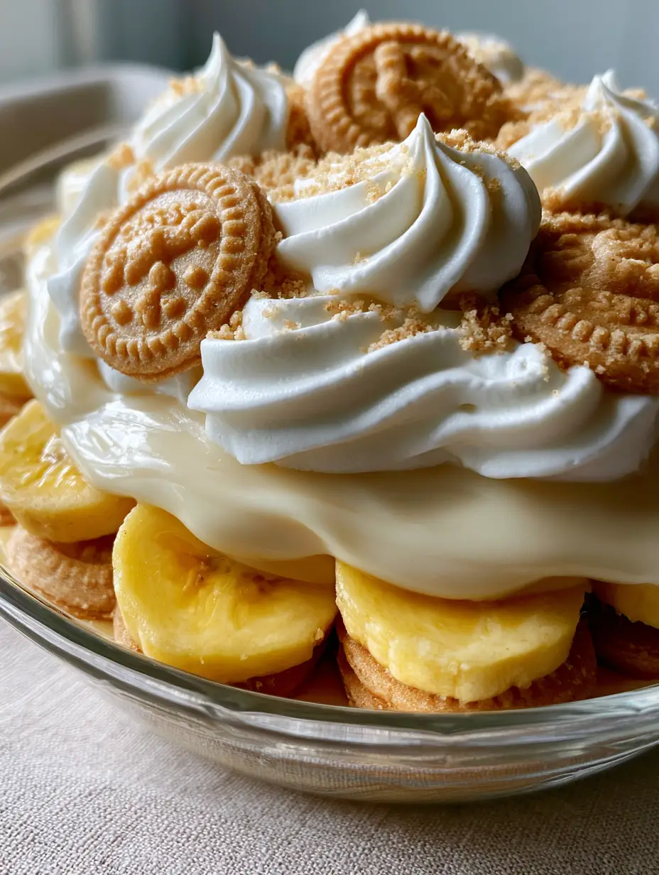 Close-up high-angle shot of velvety pudding layers and sliced bananas. (easy banana pudding)