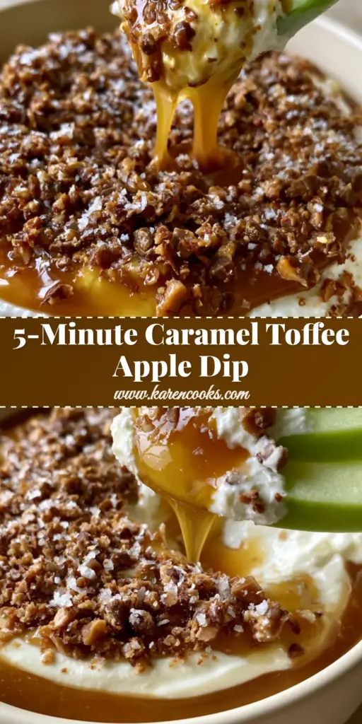 A close-up shot of apple toffee dip in a matte cream bowl, featuring a thick whipped base, glossy caramel, and chocolate toffee bits with a green apple wedge mid-scoop. (apple toffee dip)