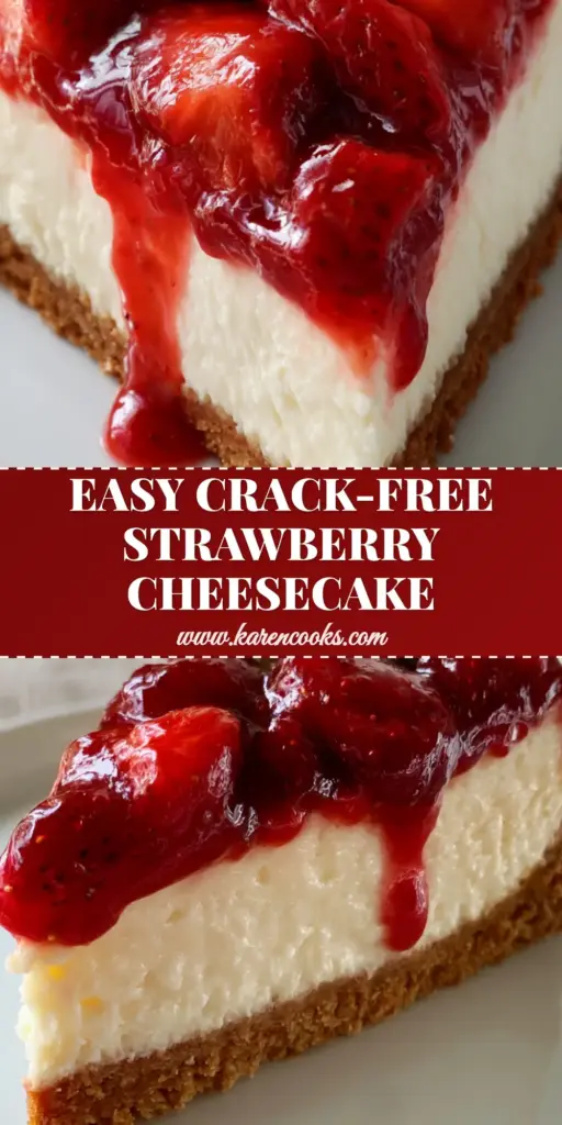 A close-up vertical shot of a strawberry cheesecake slice with glossy ruby-red glaze and macerated strawberries. (strawberry cheesecake recipe)