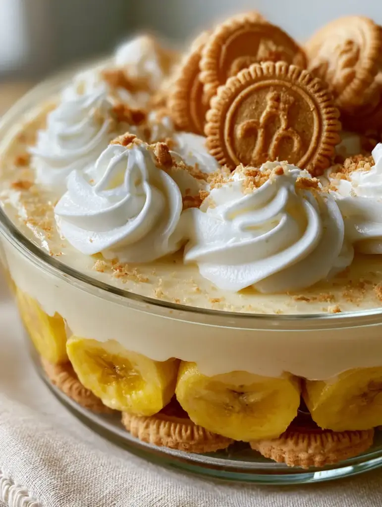 Premium easy banana pudding topped with whole Chessmen shortbread cookies and whipped cream swirls.