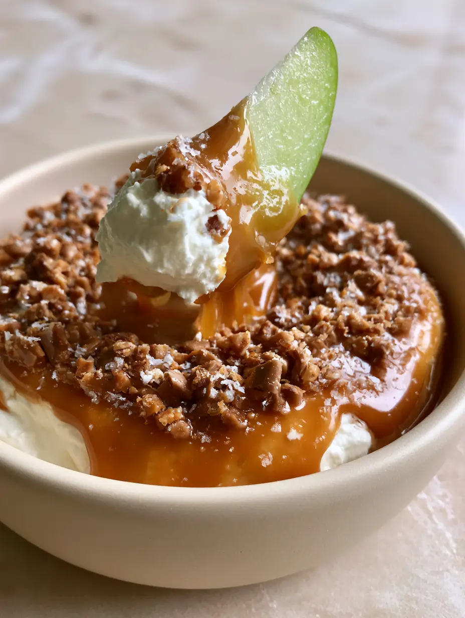 Handheld smartphone photo of a gourmet caramel apple toffee dip on a marble countertop. (apple toffee dip)
