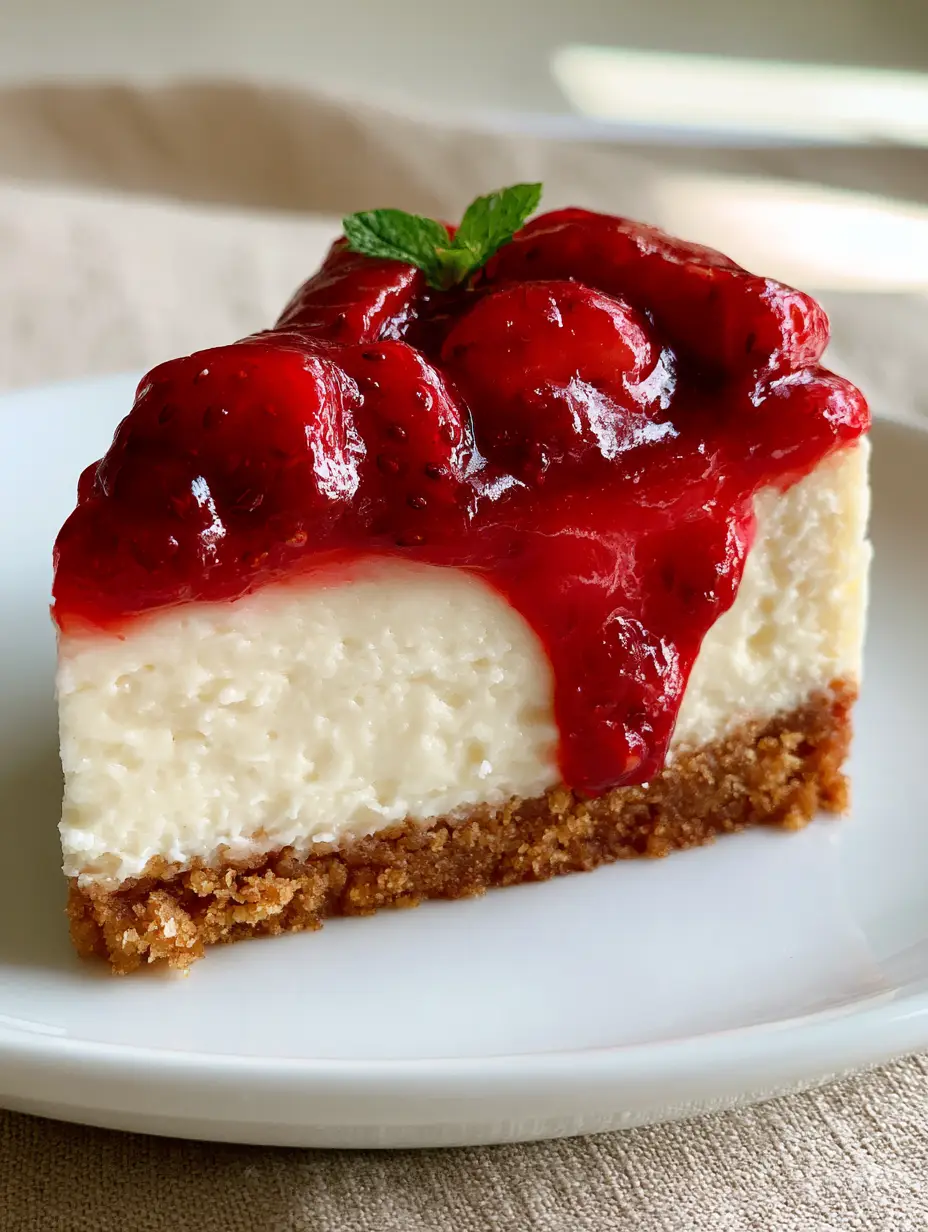 A pristine slice of classic homemade strawberry cheesecake on a minimalist white ceramic plate. (strawberry cheesecake recipe)