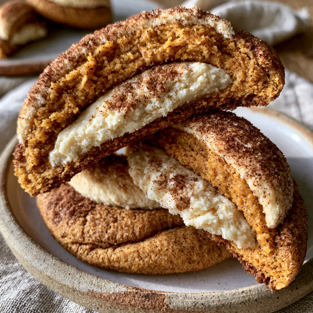 A handheld view of a thick pumpkin spice cookie with crisp golden-brown edges and a cinnamon sugar coating.