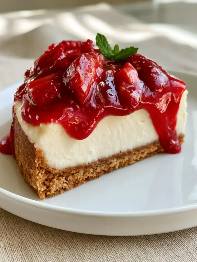 Close-up of vibrant ruby-red strawberry glaze dripping over a pale-cream cheesecake filling. (strawberry cheesecake recipe)