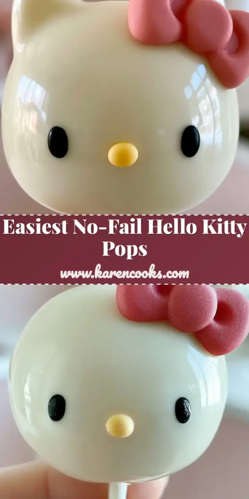 A close-up of a perfectly spherical Hello Kitty cake pop with a glass-like white chocolate finish, a pink bow, and a yellow nose. (hello kitty cake pops)