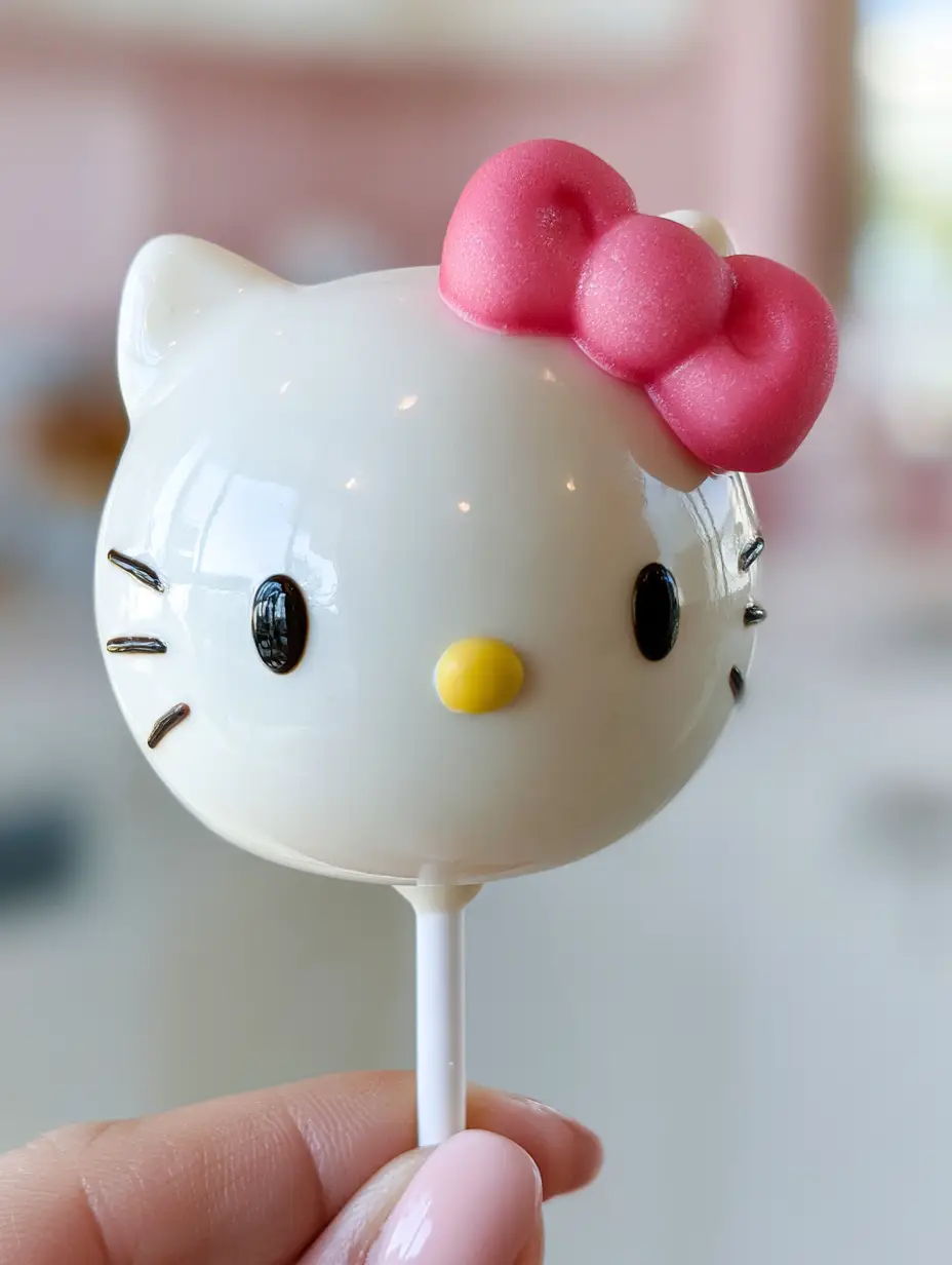 A handheld smartphone photo showing a flawlessly smooth white chocolate hello kitty cake pop against a pastel kitchen background. (hello kitty cake pops)