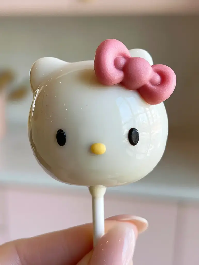 Extreme close-up focusing on the matte pink bow and reflective white shell of the hello kitty cake pops.