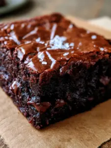 Extreme close-up of a dense fudgy brownie slice with cracked shiny crust and melted chocolate chips. (chewy brownie recipe)
