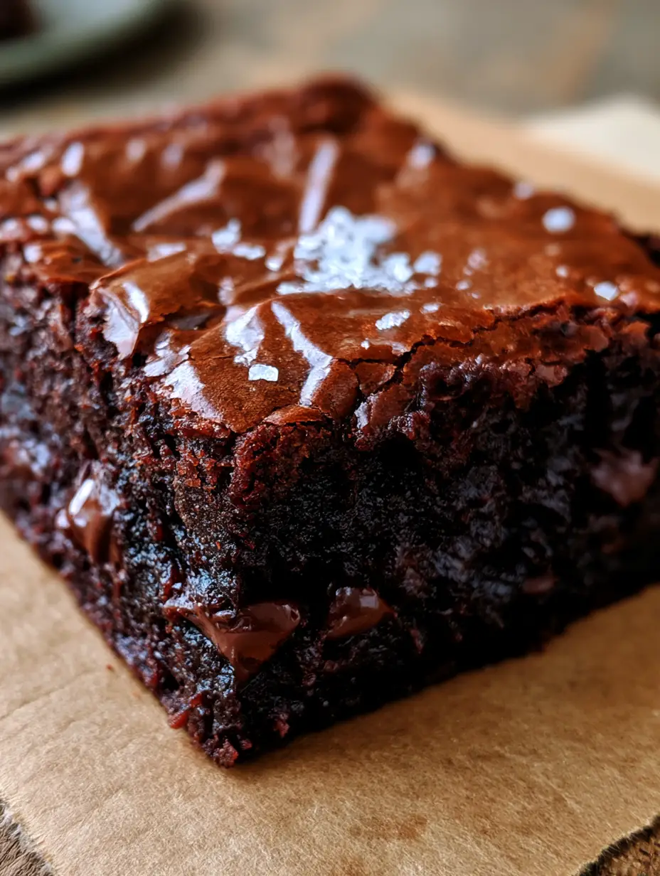 Extreme close-up of a dense fudgy brownie slice with cracked shiny crust and melted chocolate chips. (chewy brownie recipe)
