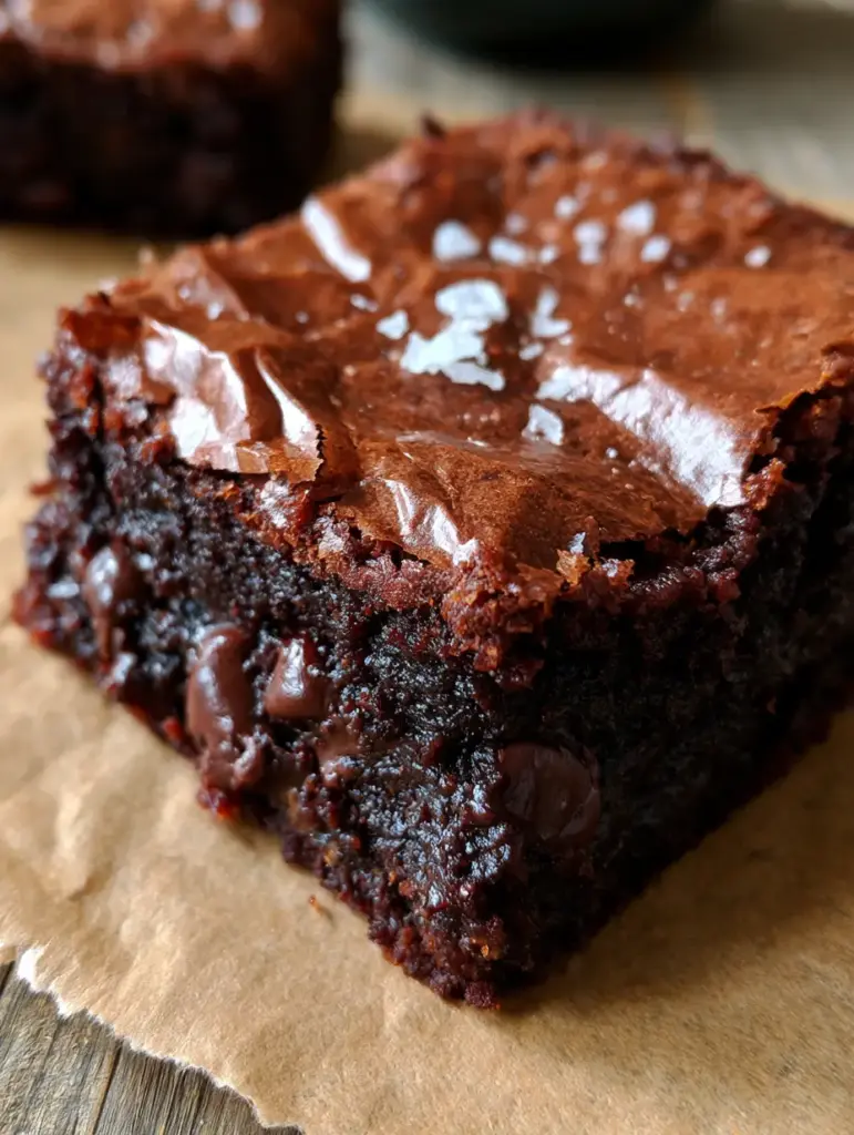 High-angle shot of brownies on parchment paper showing dark chocolate chips and sea salt. (chewy brownie recipe)