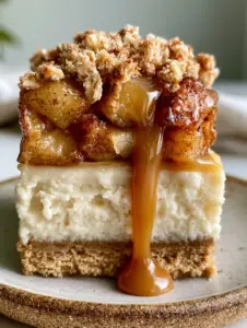 A close-up shot of a Caramel Apple Cheesecake Bar on a rustic ceramic plate, showing the dense ivory cream cheese layer and glossy caramel.