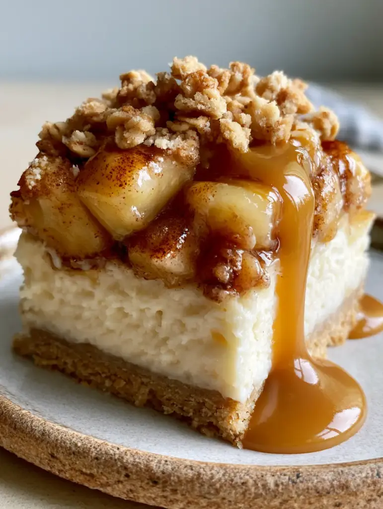 Slicing into Caramel Apple Cheesecake Bars with a light dusting of crisp oat streusel crumble.