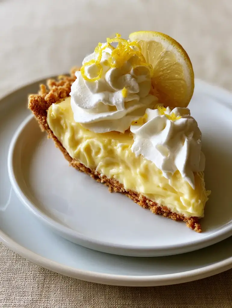 A handheld smartphone photo of a slice of no-bake lemon pie on a white ceramic plate. (no-bake lemon pie)
