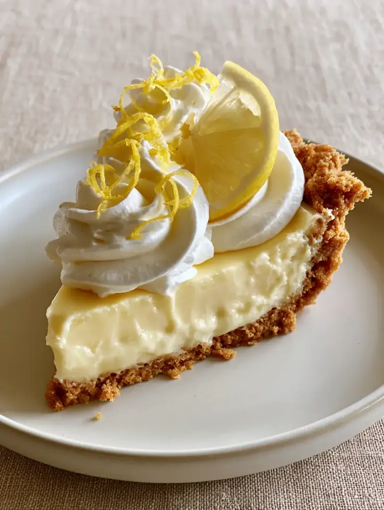 Top-down view of a no-bake lemon pie with billowy whipped cream dollops and lemon zest curls.