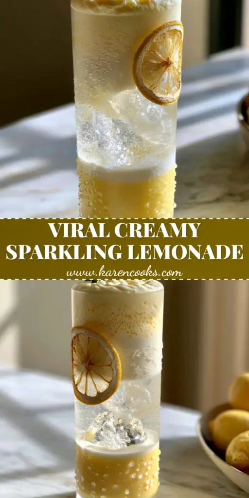 A tall frosted highball glass with a Sparkling Creamy Lemonade Mocktail, featuring a yellow curd base and thick white foam garnish.