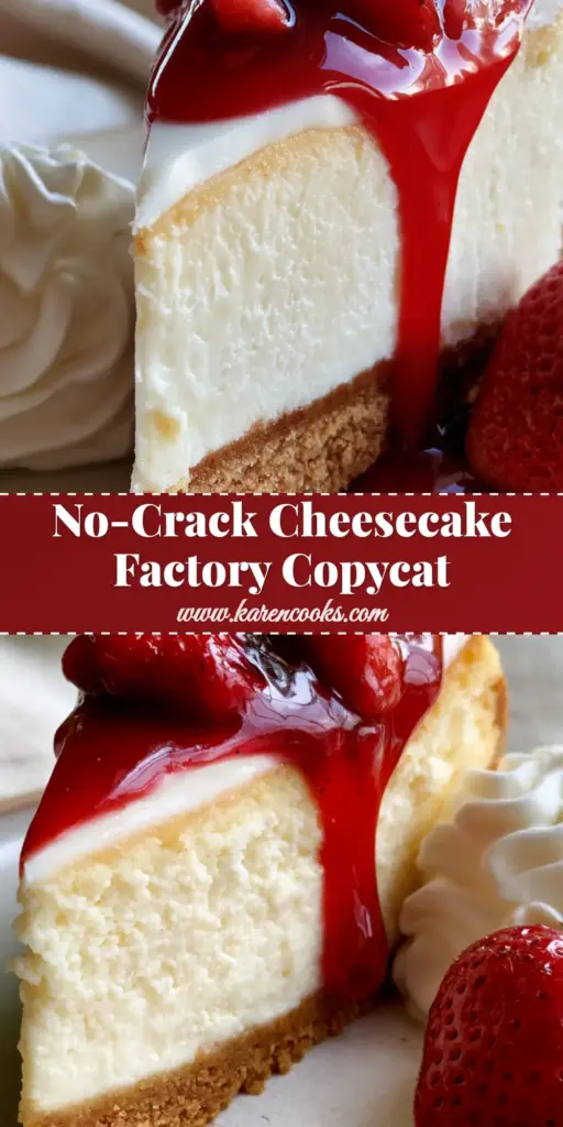 A tall slice of Cheesecake Factory cheesecake with a white sour cream topper, red strawberry glaze, and a fresh strawberry garnish on a minimalist plate. (Cheesecake Factory cheesecake)
