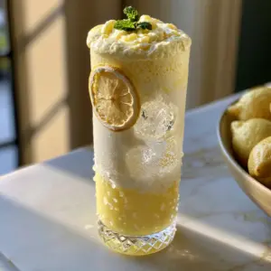 A close-up handheld photo of a Sparkling Creamy Lemonade Mocktail in soft afternoon sunlight on a marble counter.