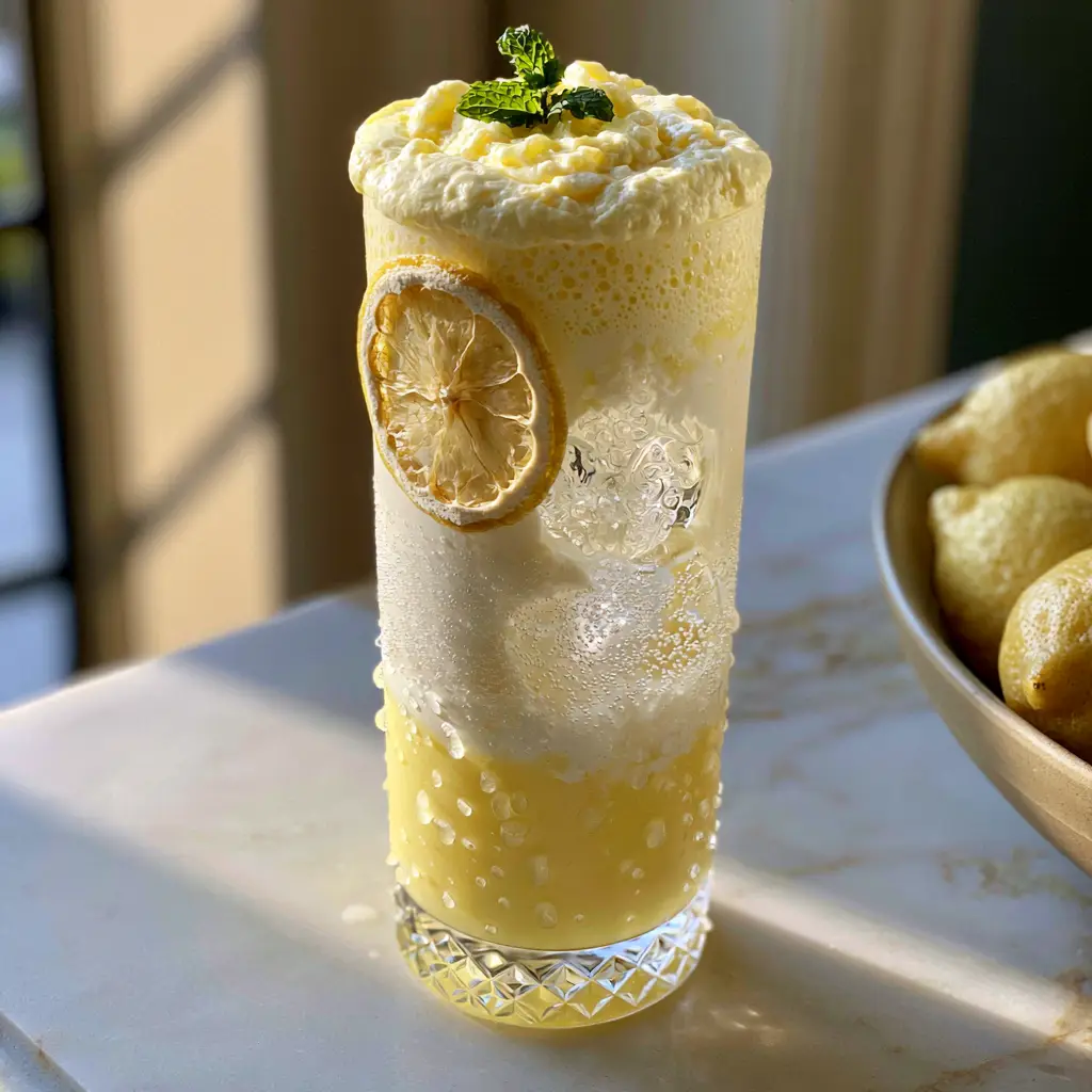 A close-up handheld photo of a Sparkling Creamy Lemonade Mocktail in soft afternoon sunlight on a marble counter.