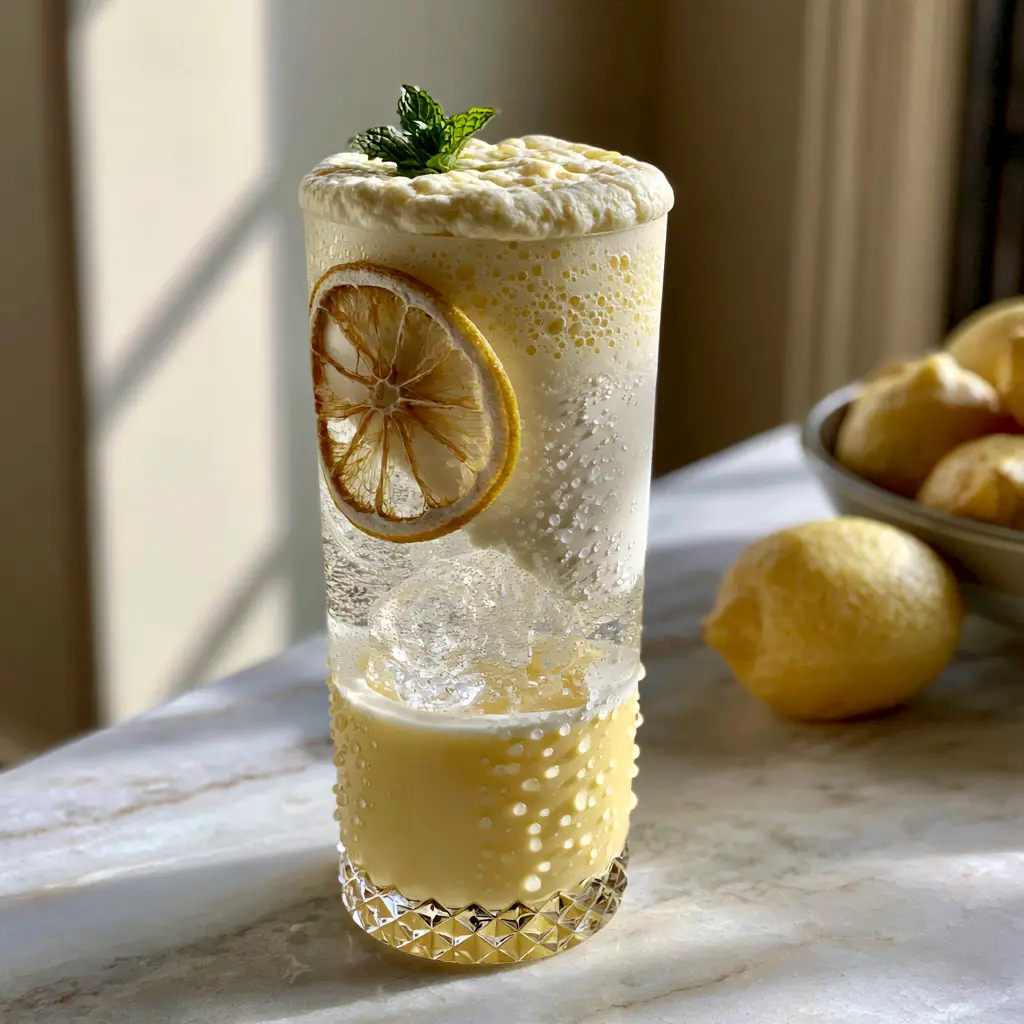Visual of the two-inch thick velvety foam crown on a Sparkling Creamy Lemonade Mocktail.