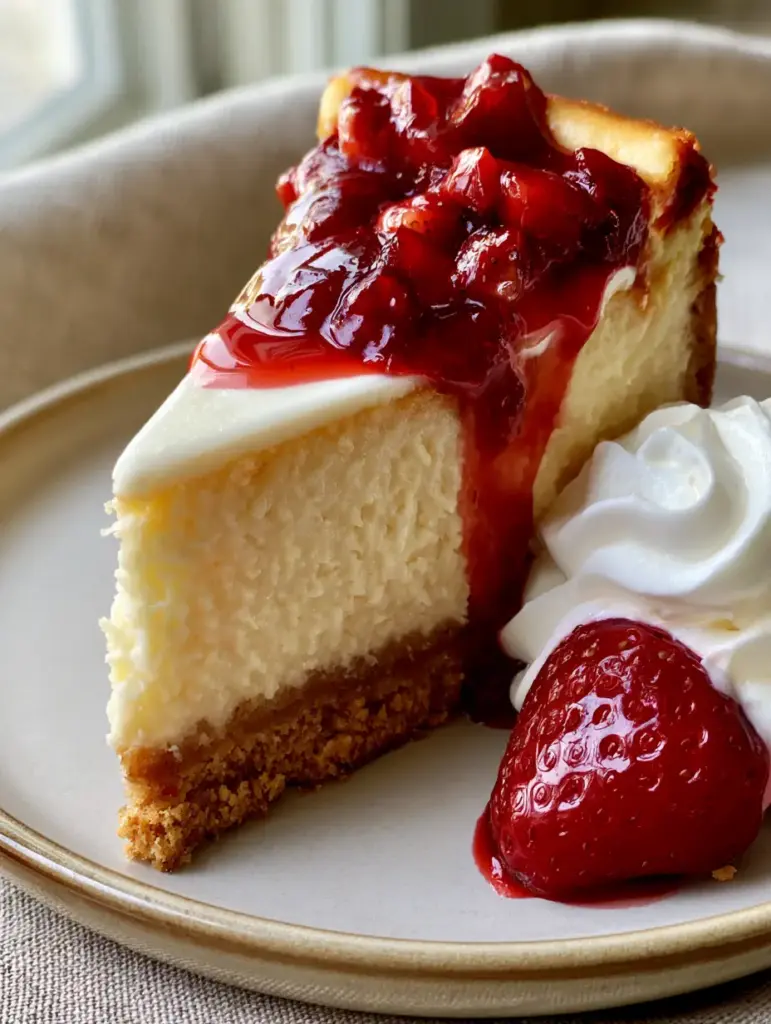 A tall slice of cheesecake with red strawberry glaze cascading down the side next to a whipped cream dollop.