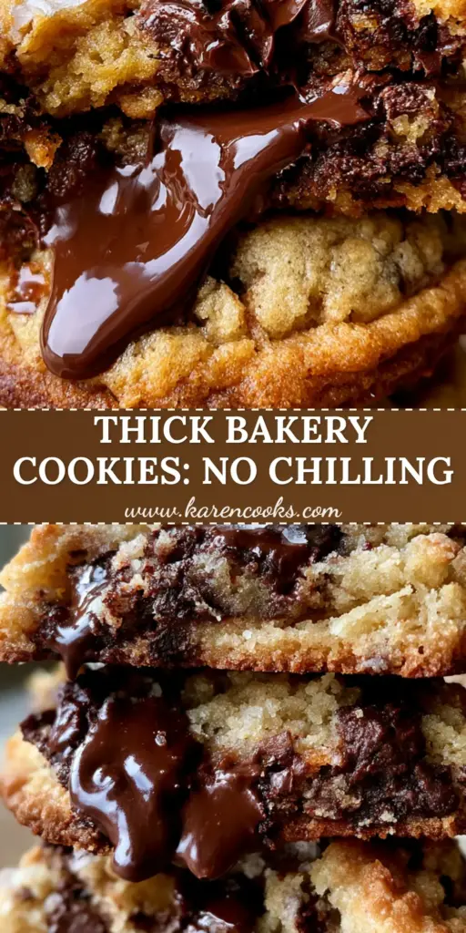 A stack of three thick, bakery-style no chill chocolate chip cookies with melted chocolate pools and flaky sea salt on parchment paper.
