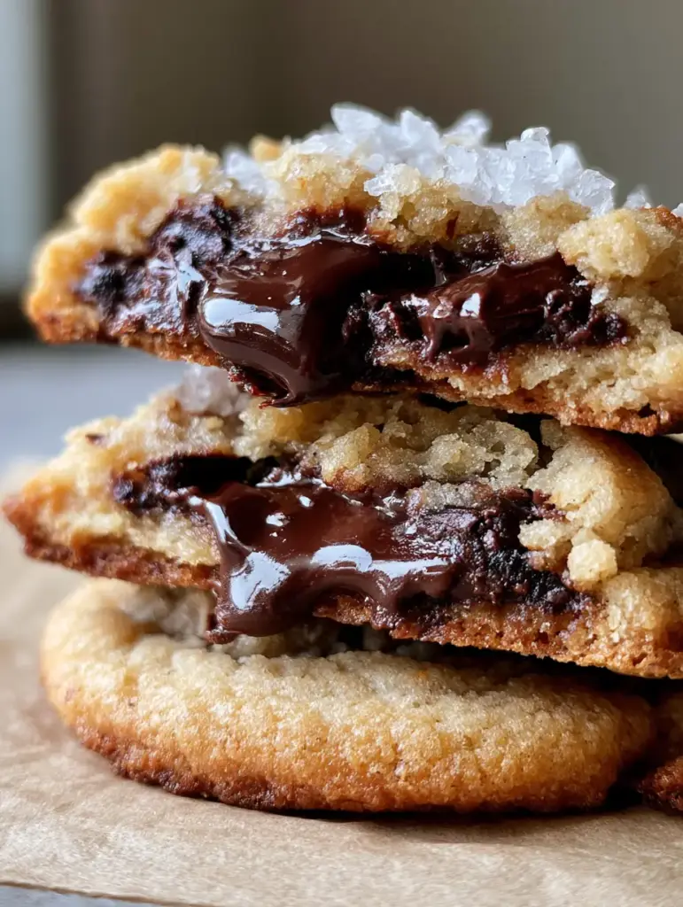 Macro view of crinkle-top texture and large translucent flaky sea salt on a no chill chocolate chip cookie.