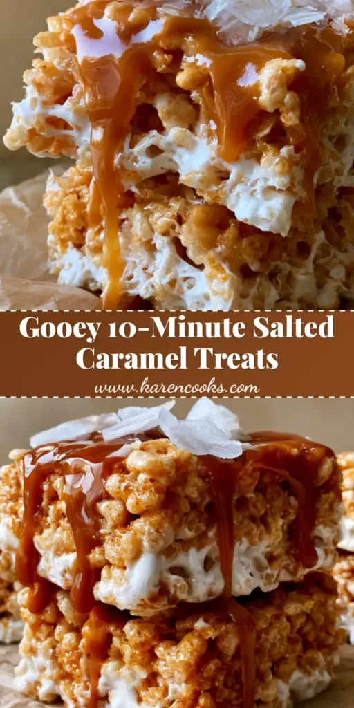 Salted Caramel Rice Krispie Treats: The Ultimate Ultra-Gooey Recipe 4 A stack of thick salted caramel rice krispie treats on parchment paper with glossy caramel drizzle and sea salt flakes.