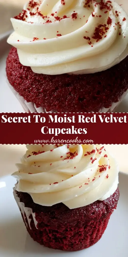 Red Velvet Cupcakes with Glossy Cream Cheese Frosting and Fine Cake Dust 4 A close-up shot of a gourmet red velvet cupcake with a high ivory-white frosting swirl and red crumb dust on a white plate.