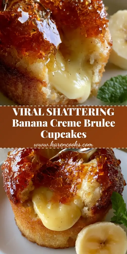 A close-up of gourmet banana creme brulee cupcakes with a shattered caramelized sugar lid and vanilla bean custard center. (banana creme brulee cupcakes)