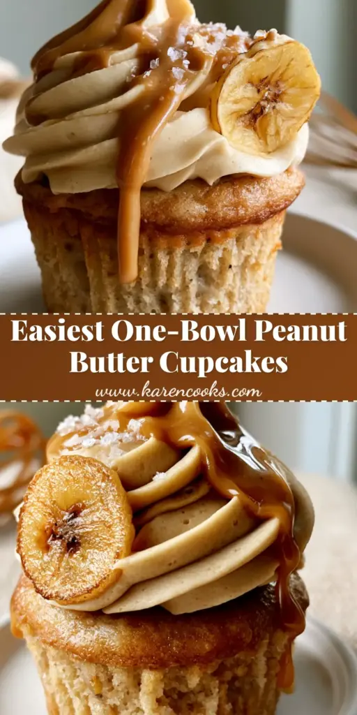 Peanut Butter Banana Cupcakes with Silky Smooth Frosting 4 A tall Peanut Butter Banana Cupcake with thick buttercream, a glossy drizzle, and a crisp banana chip on a matte white plate. (Peanut Butter Banana Cupcakes)