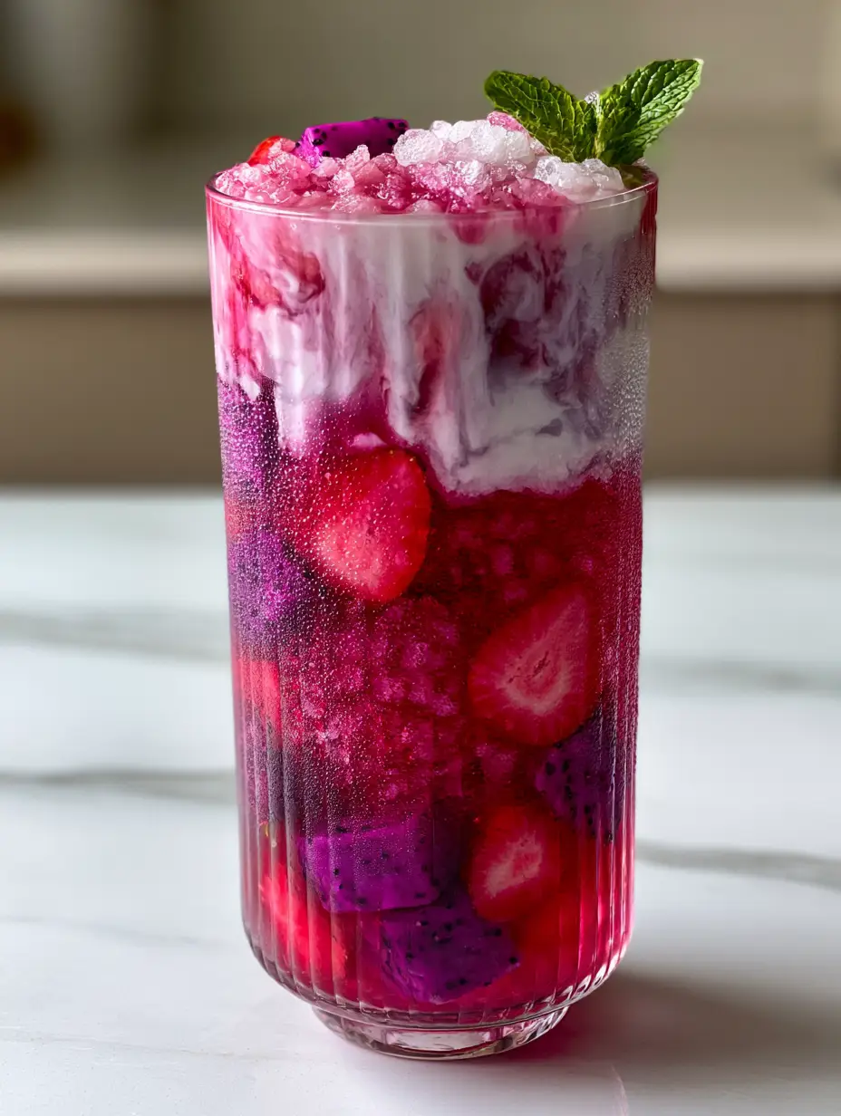 Homemade Drink Recipes: Vibrant Magenta Hibiscus and Coconut Cream Refresher 3 Saturated magenta hibiscus tea with thick coconut milk swirl and nugget ice. (homemade drink recipes)