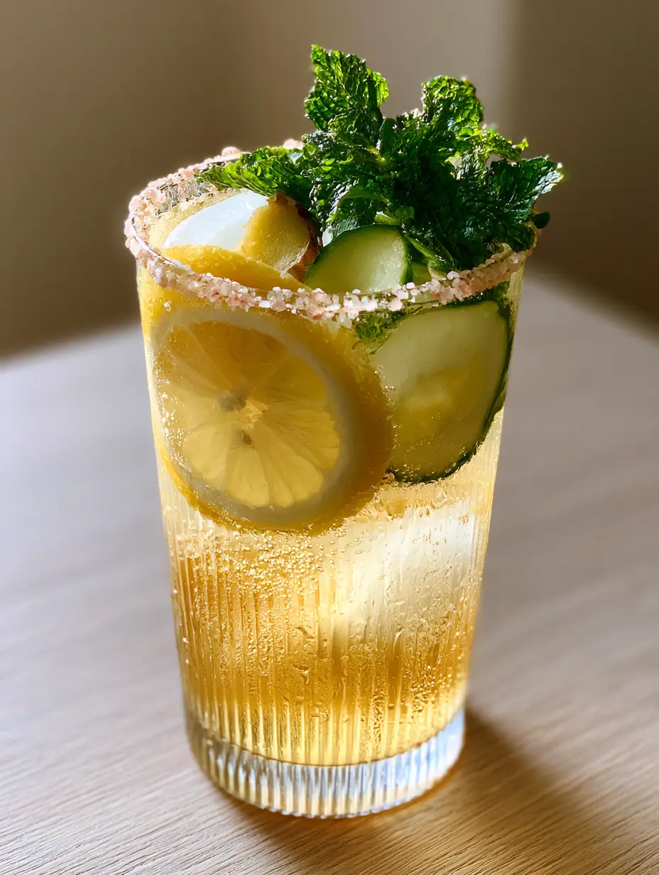 Handheld photo of a tall condensation-beaded glass with a golden glow and salt rim. (hydrating drink recipes)