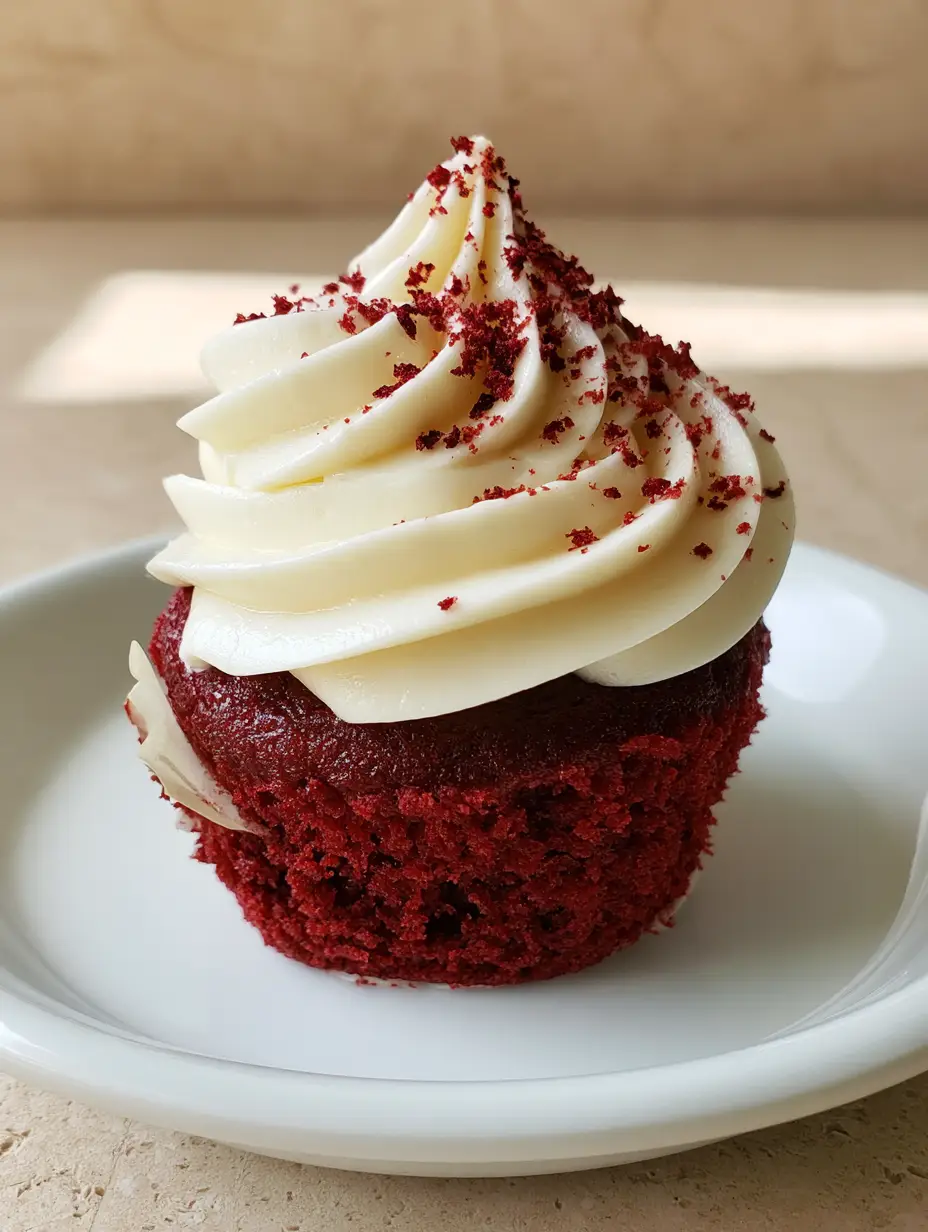 Red Velvet Cupcakes with Glossy Cream Cheese Frosting and Fine Cake Dust 3 Handheld photo of a red velvet cupcake showing moist sponge texture and defined frosting ridges.