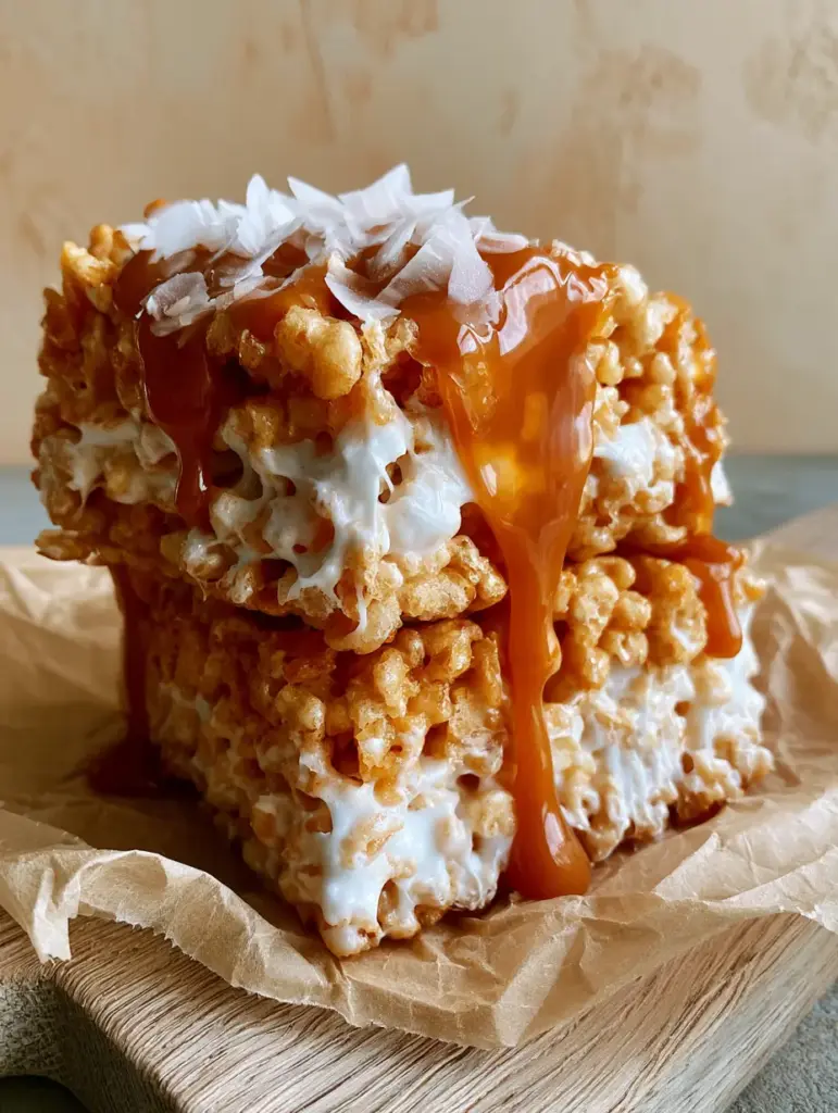 Salted Caramel Rice Krispie Treats: The Ultimate Ultra-Gooey Recipe 1 Salted caramel rice krispie treats with amber caramel dripping down the sides on a wooden board.